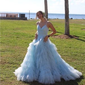 SHERRI HILL V-NECK RUFFLE BALL GOWN PROM DRESS 55461 Periwinkle light blue
